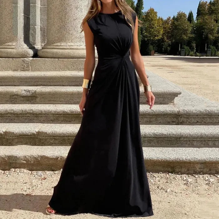 Zegerine - Damesmode Elegante Lange Mouwen Kapel V-Hals Effen Kleur Party Maxi Dress
