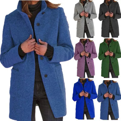 Rachel - Dames Retro Effen Wollen Knoop Coltrui Jas