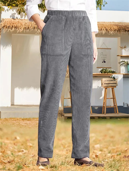 Daisy - Dames Elastische Elastische Taille Corduroy Rechte Pijp Casual Broek in Effen Kleur