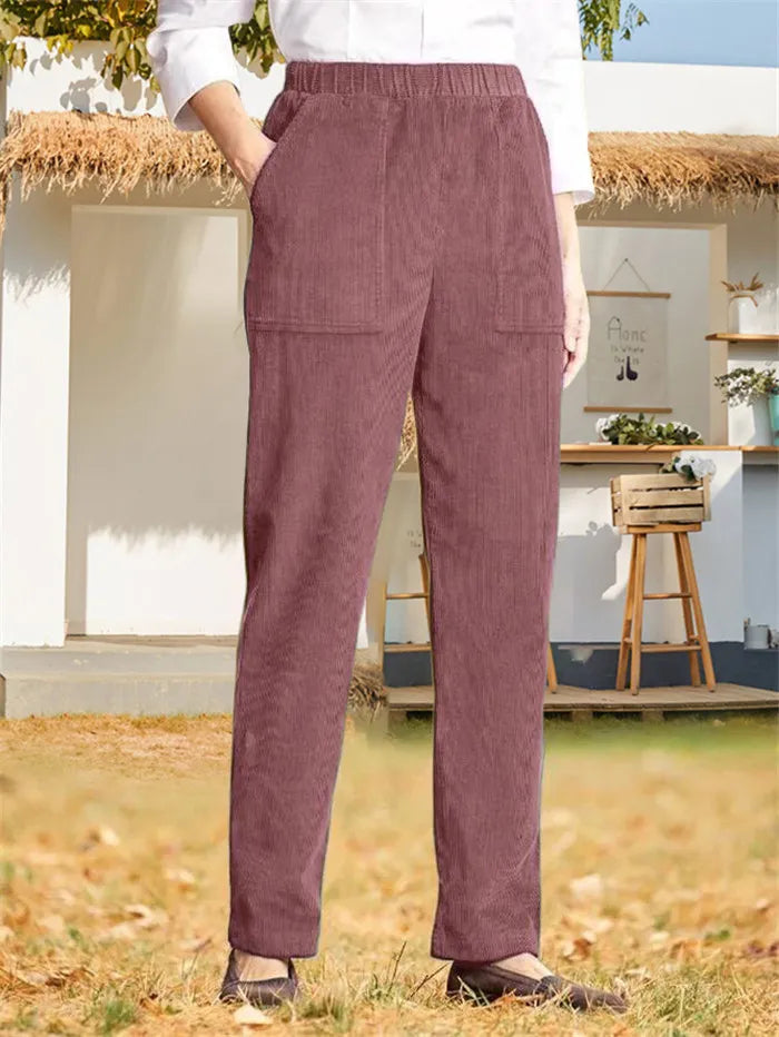 Daisy - Dames Elastische Elastische Taille Corduroy Rechte Pijp Casual Broek in Effen Kleur