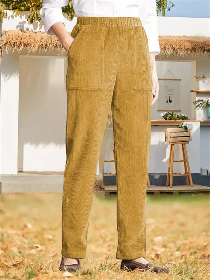 Daisy - Dames Elastische Elastische Taille Corduroy Rechte Pijp Casual Broek in Effen Kleur
