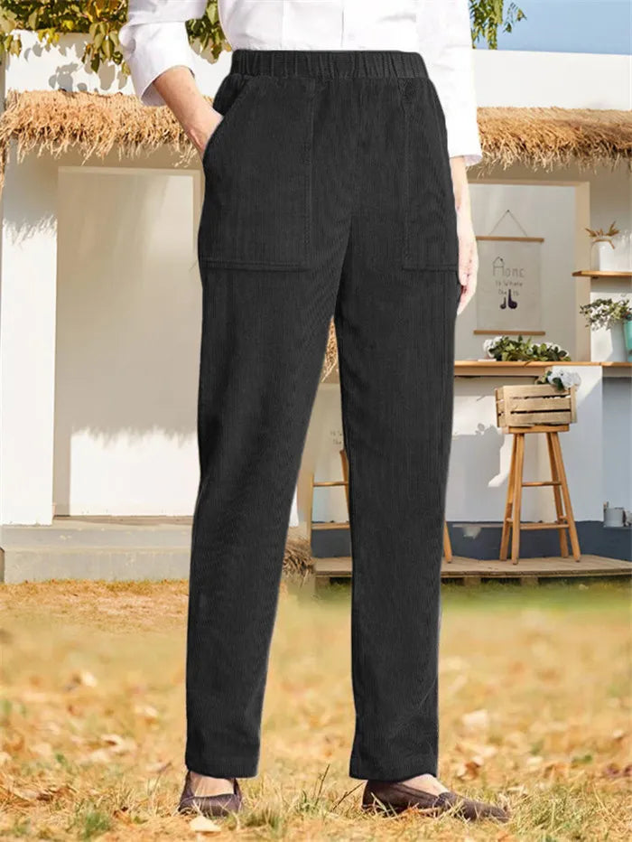 Daisy - Dames Elastische Elastische Taille Corduroy Rechte Pijp Casual Broek in Effen Kleur