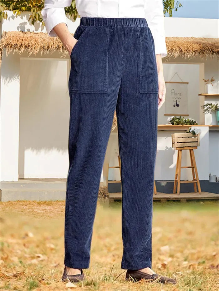 Daisy - Dames Elastische Elastische Taille Corduroy Rechte Pijp Casual Broek in Effen Kleur