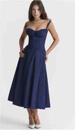 Romy - Chique Strapless Midi-Jurk Met Hoge Taille in Diep Marineblauw