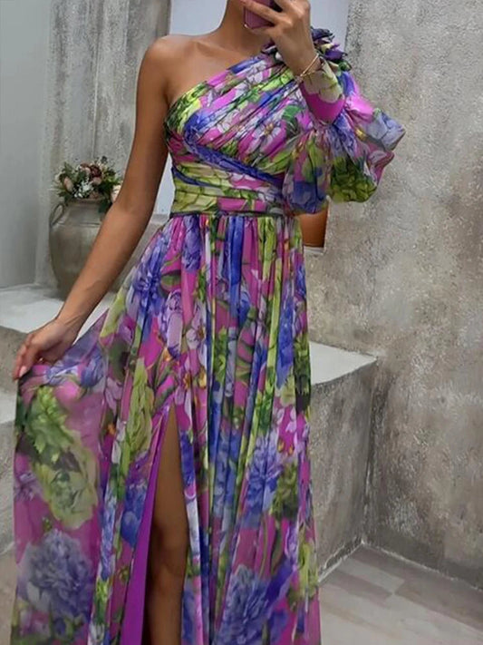 Marjolein - Paarse Print Met Zijsplit En Één Mouw Maxi Dress