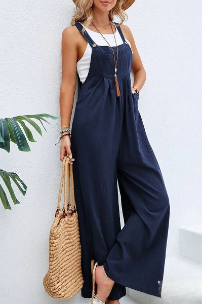 Bente - Vrouwen Vierkante Hals Effen Knopen Casual Vakantie Los Jumpsuits