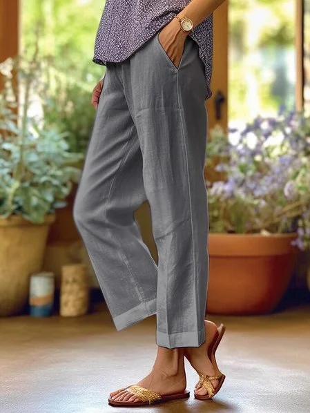 Sofieke - Pantalons Ample Uni Lin Coton Et Lin