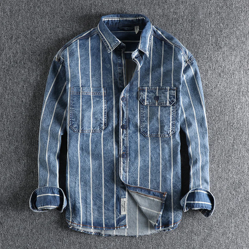 Mike - Modern-Fit Gestreept Denim Overhemd