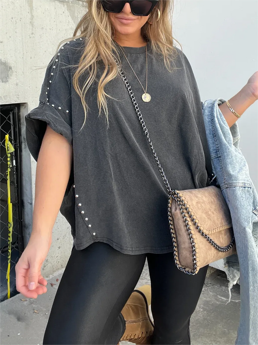 Maud - Gewassen Oversized T-Shirt Met Oprolbare Studs