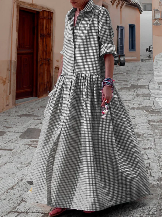 Juna - Casual Lange Mouwen Katoen Linnen Plaid Shirt Swing Dress