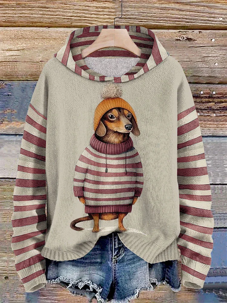 Hinke - Dames Sweater Met Capuchon En Gestreept Teckelpatroon