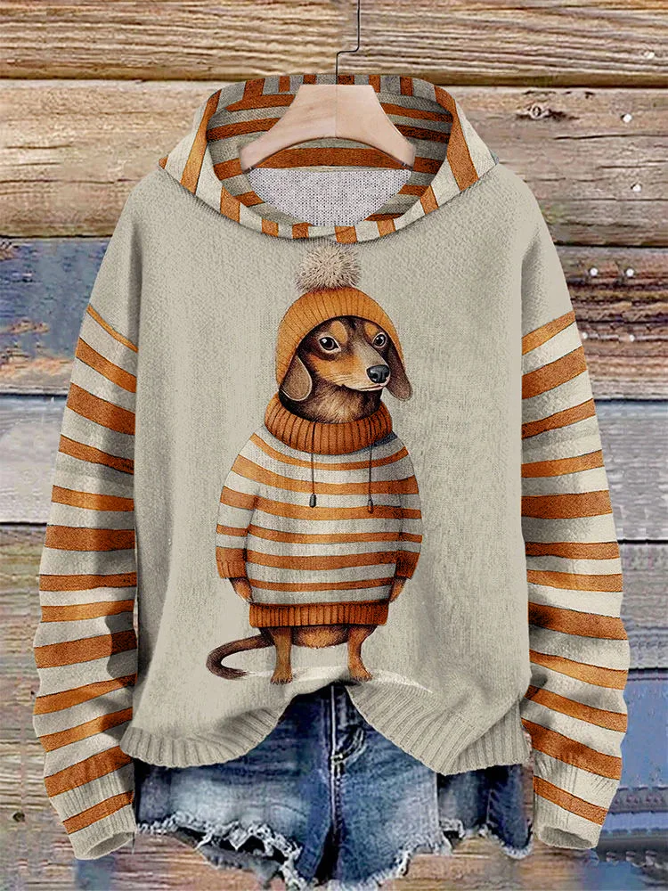 Hinke - Dames Sweater Met Capuchon En Gestreept Teckelpatroon