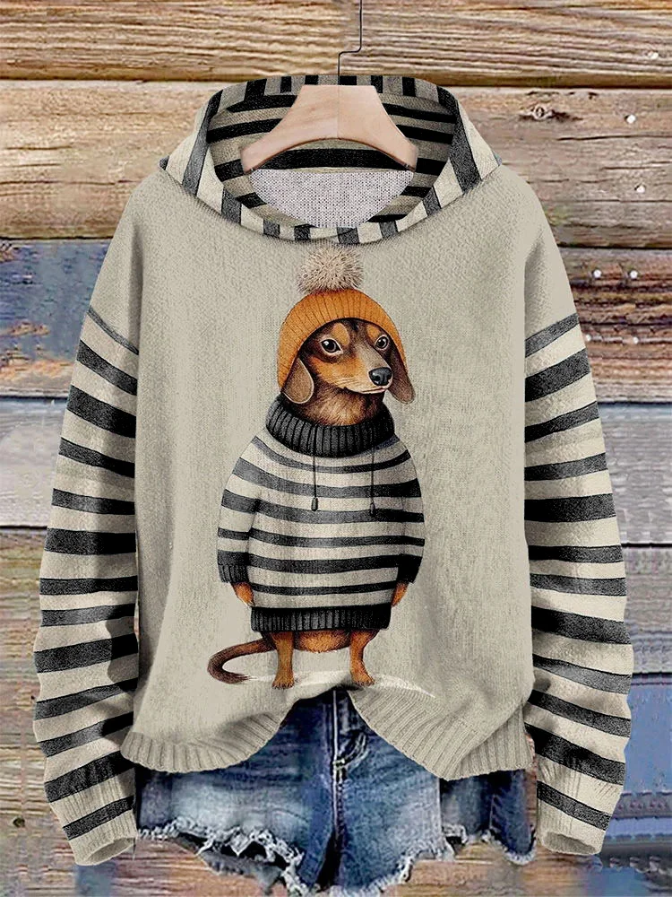 Hinke - Dames Sweater Met Capuchon En Gestreept Teckelpatroon