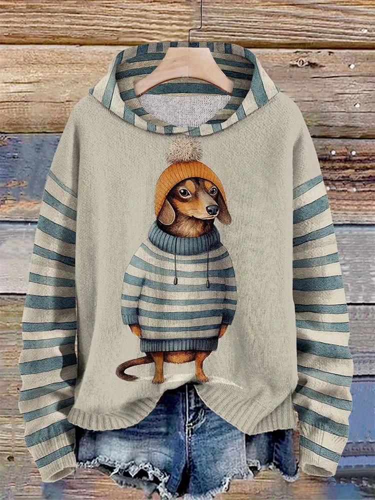 Hinke - Dames Sweater Met Capuchon En Gestreept Teckelpatroon