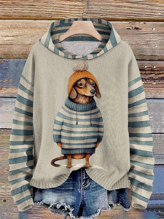 Hinke - Dames Sweater Met Capuchon En Gestreept Teckelpatroon
