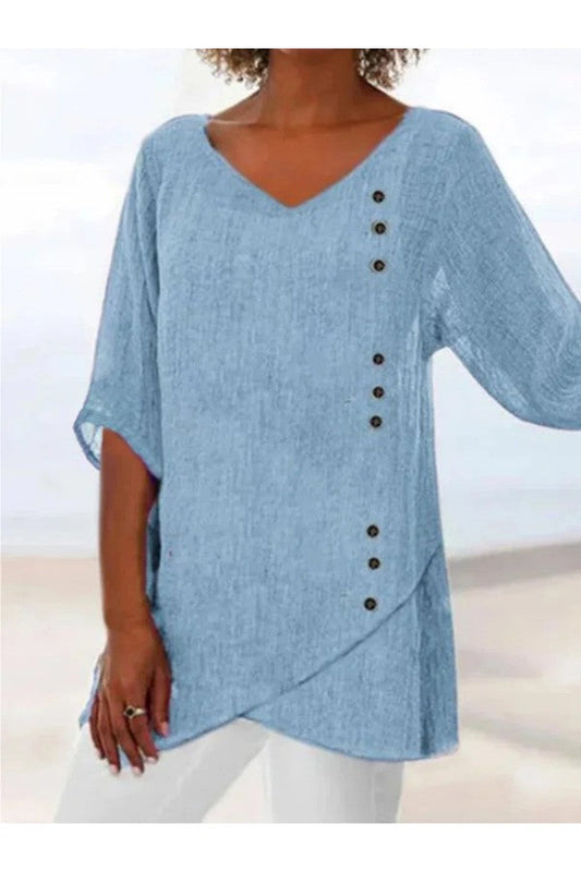 Tjitske - Blauwe Blouse Met V-Hals, Halflange Mouwen En Knopen