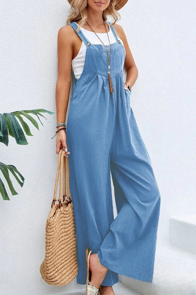 Bente - Vrouwen Vierkante Hals Effen Knopen Casual Vakantie Los Jumpsuits