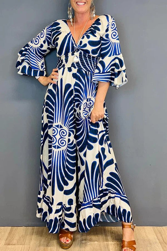 Natalie - Vintage Jumpsuit met Bloemenprint en Mouwen met Ruches
