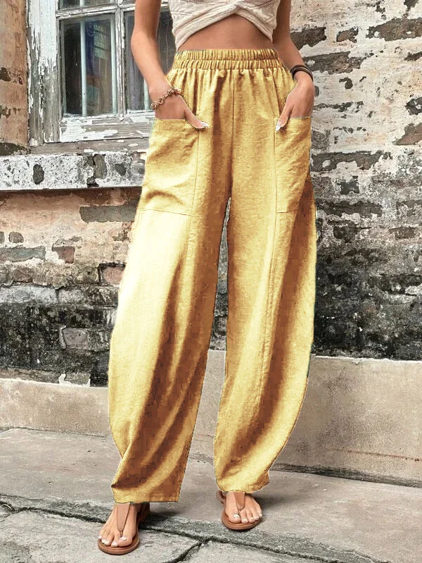 Famke - Damesbroek Oversized, Elastische Zakken, Eenkleurig, Losse Broek