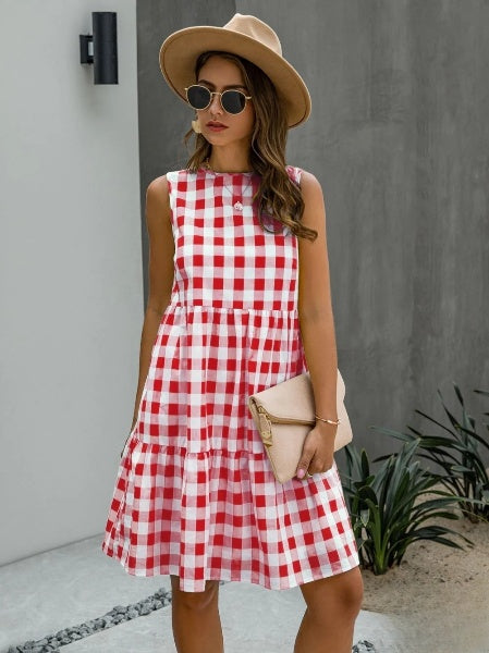 Liv - Fashion Ronde Hals Losse Vrouwelijke Ruit Jurk Taart Rok