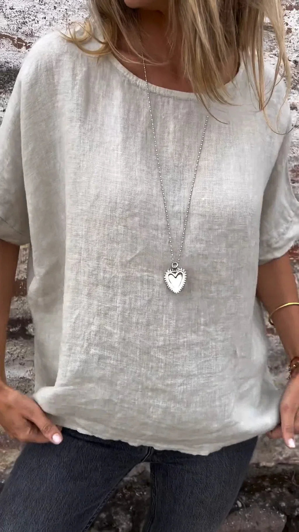 Ninthe - Katoenen Linnen Blouse Met Halve Mouwen En Ronde Hals In Effen Kleur