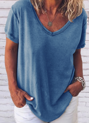 Ana - Korte Mouw V-Hals Licht Grijs Effen T-shirt