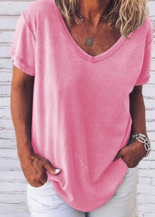 Ana - Korte Mouw V-Hals Licht Grijs Effen T-shirt