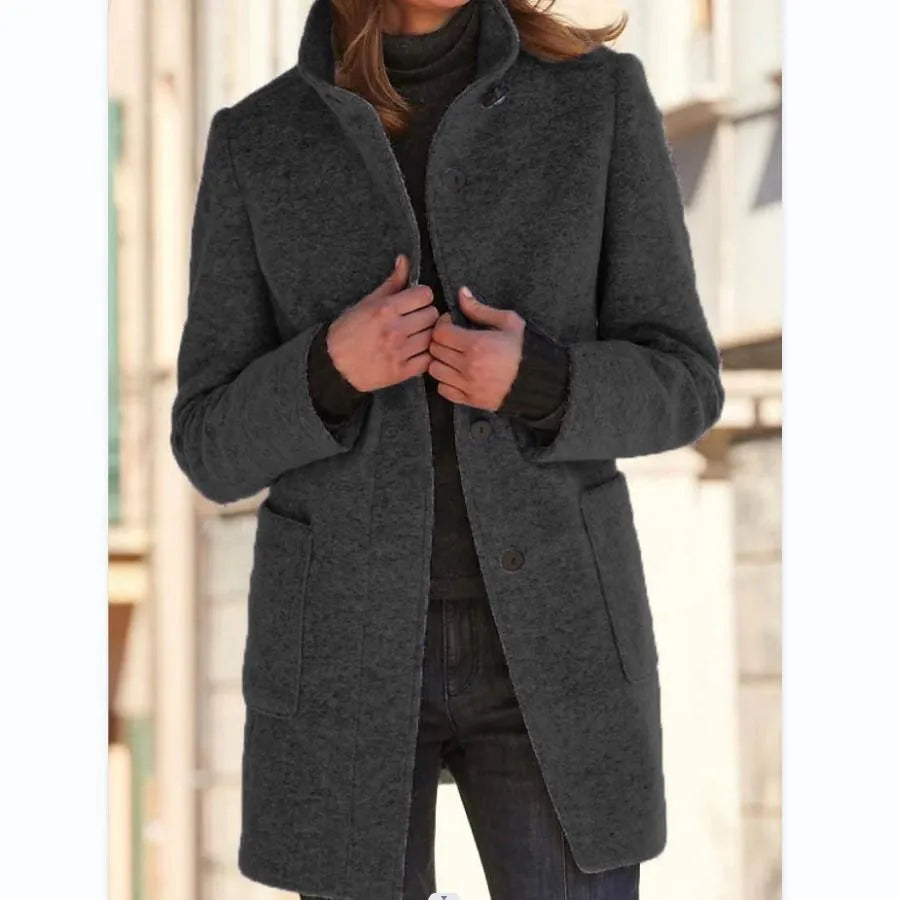Rachel - Dames Retro Effen Wollen Knoop Coltrui Jas