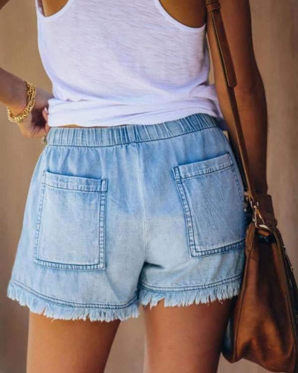 Aria - Effen Denim Shorts met Trekkoord