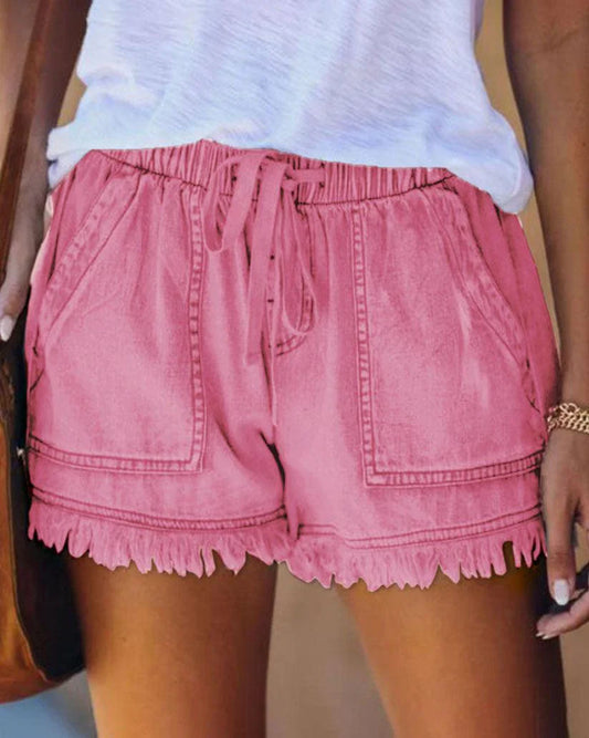 Aria - Effen Denim Shorts met Trekkoord