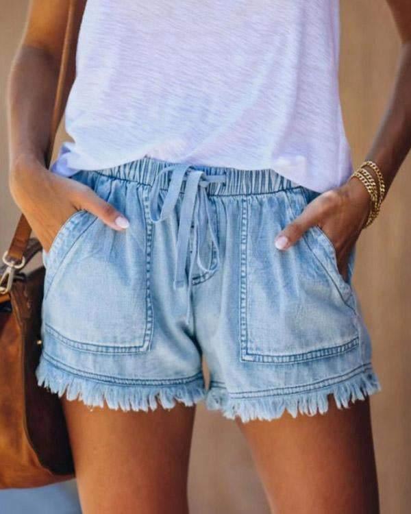 Aria - Effen Denim Shorts met Trekkoord
