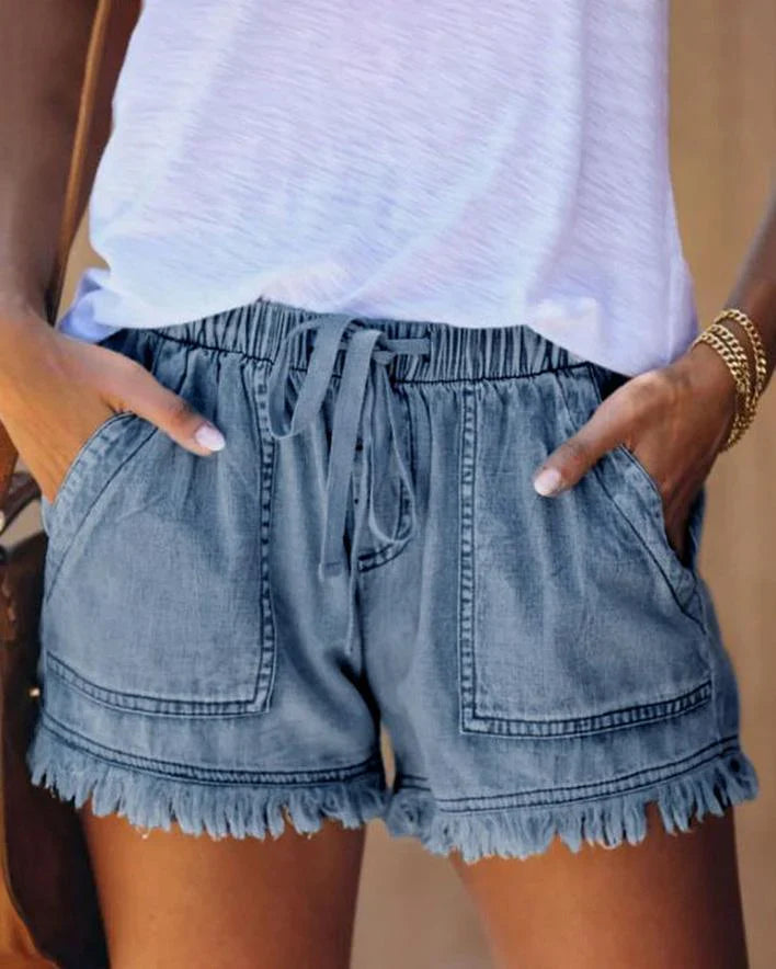 Aria - Effen Denim Shorts met Trekkoord