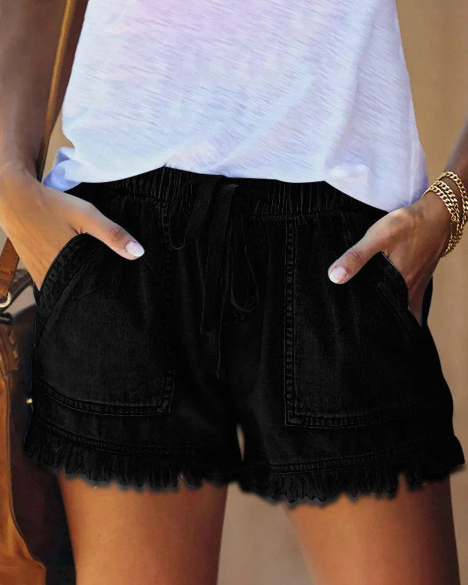Aria - Effen Denim Shorts met Trekkoord