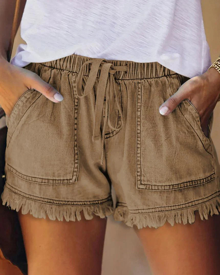 Aria - Effen Denim Shorts met Trekkoord