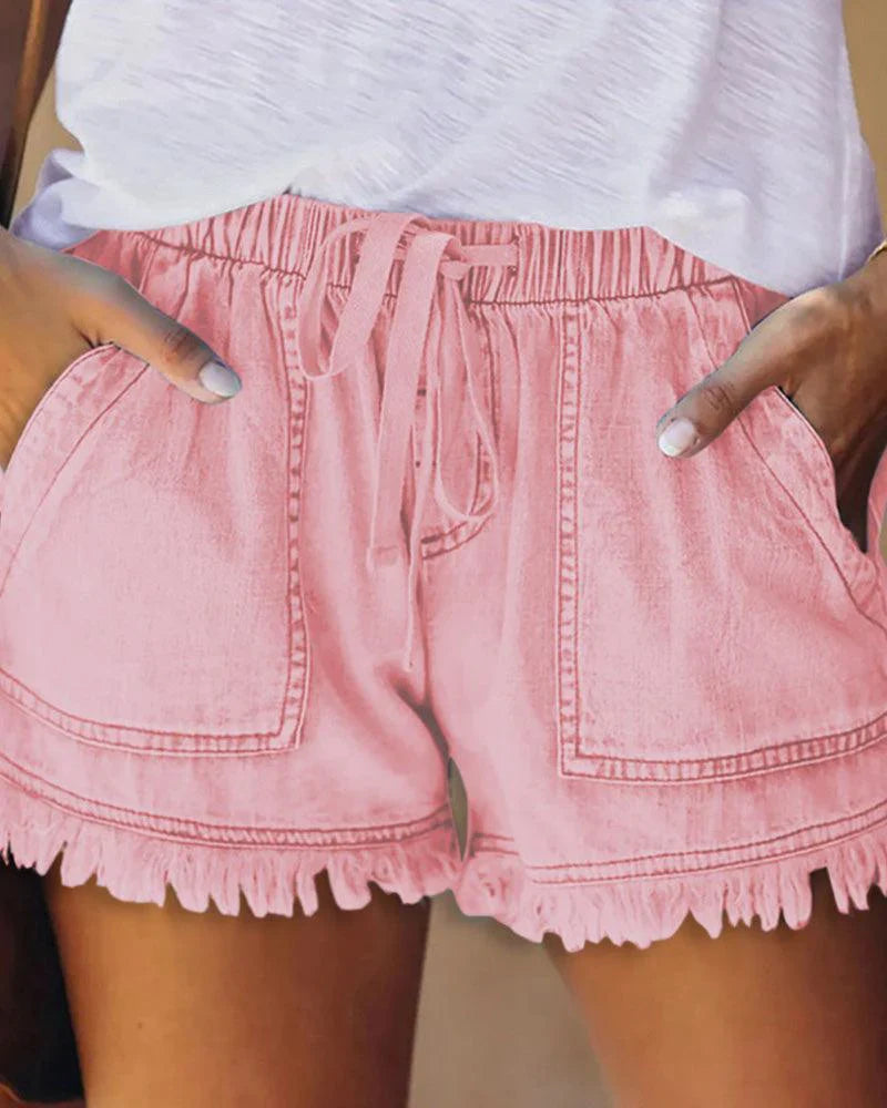 Aria - Effen Denim Shorts met Trekkoord