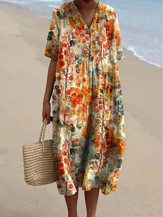 Tess - Elegante en chique jurk met korte mouwen, V-hals, retro bloemenprint