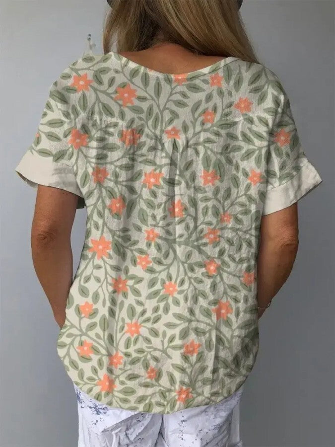 Evi - Casual Katoenen En Linnen Damesoverhemd Met Mooi Bloemendessin En Artistieke Print