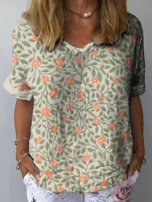 Evi - Casual Katoenen En Linnen Damesoverhemd Met Mooi Bloemendessin En Artistieke Print
